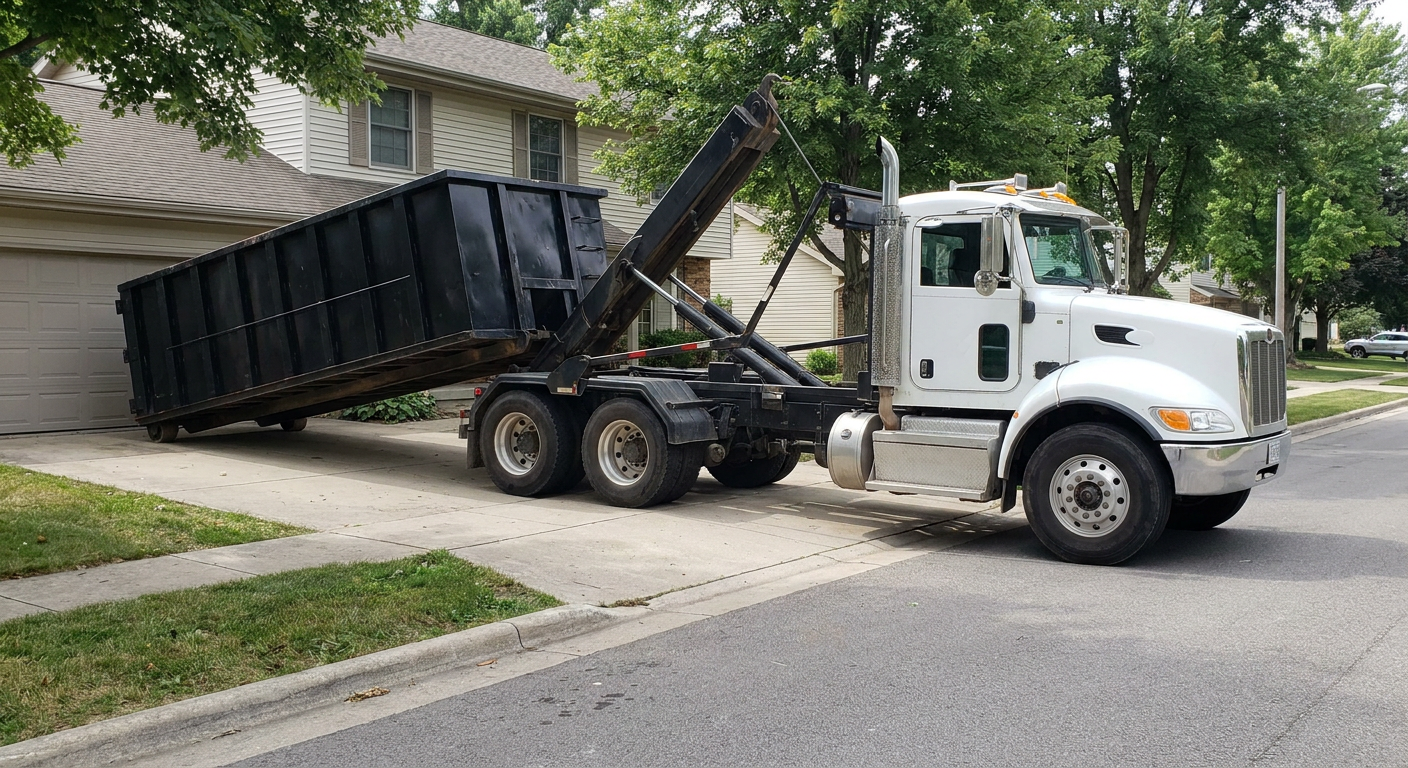 White-cab hooklift roll-off truck actively lowering a matte-black dumpster onto a Erie residential concrete driveway, the dumpster's rear wheels touching the driveway as the hoist arm tilts the bed forward, mid-morning daylight.